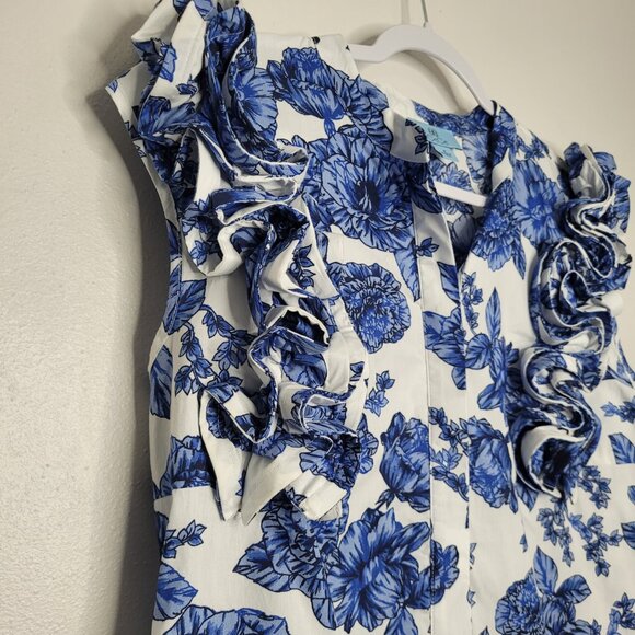 Cece blue white preppy 3d flower button front coastal classic boxy top size med - Picture 2 of 8